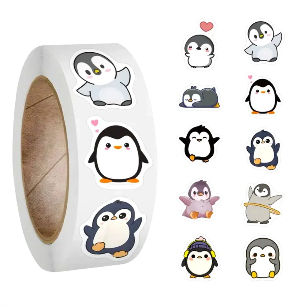 Roll of 500 Cute Penguin Stickers 8 Designs Vinyl Cartoon Roly Poly